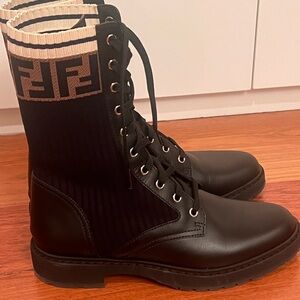 Fendi Black Combat Boots with Tan Accents